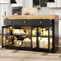 Extendable Kitchen Island with LED Lighting and Glass Cabinets, Space-Saving Dining Cart for Cosy Flats, 120L x 40W x 75.5H cm, Black(m-9)