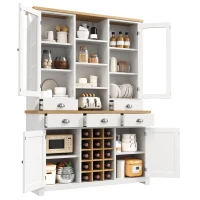 Kitchen Pantry Cabinet with Wine Rack and Adjustable Shelves, Glass-Door Buffet Sideboard with 5 Deep Drawers, 120L x 40W x 185H cm, White(m-15)