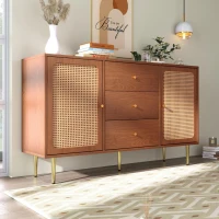 Rattan Sideboard Cabinet with 2 Perforated Rattan-Front Drawers, Walnut 6-Drawer Dresser for Lounge or Dining Areas, 120L x 40W x 90H cm, Walnut(m-7)