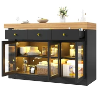 Extendable Kitchen Island with LED Lighting and Glass Cabinets, Space-Saving Dining Cart for Cosy Flats, 120L x 40W x 75.5H cm, Black(m-13)