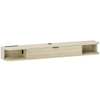 HOMCOM Meuble TV suspendu, meuble télé pour téléviseur jusqu'à 60 pouces, tiroir rabattable 2 étagères 140x24x16cm bois naturel(m-1)