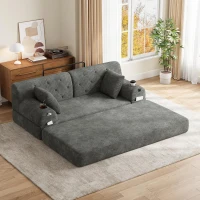Corduroy Convertible Sofa Bed with Metal Frame and High-Density Foam, 2-Seater Sleeper Sofa with High Backrest, 168L x 80W x 81H cm, Dark Gray(m-9)