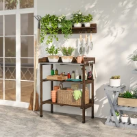 Outsunny Mesa de Jardinería de Madera con Superficie Metálica Estantes y Ganchos para Jardín Terraza 76x37x89 cm Carbonizado(m-10)