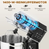 HOMCOM Küchenmaschine Knetmaschine mit 7L Edelstahlschüssel 1400W mit Kippkopf, Knethaken, Schneebesen, Rührbesen(m-4)