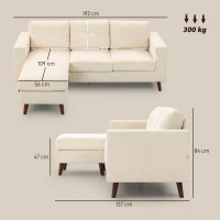 HOMCOM Sofá Chaise Longue Reversible de 3 Plazas Tapizado en Pana Marco de Acero para Espacios Reducidos Crema(m-3)