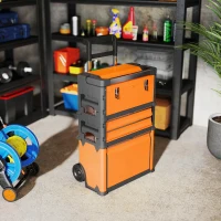 HOMCOM Caja de Herramientas con Ruedas Apilable Carro de Herramientas de Acero con Bandeja Mango Telescópico Naranja y Negro(m-9)