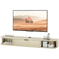 HOMCOM Meuble TV suspendu, meuble télé pour téléviseur jusqu'à 50 pouces, tiroir rabattable 2 étagères 120x24x16cm bois naturel(m-12)