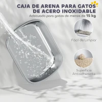 PawHut Arenero para Gatos Cubierto con Bandeja de Acero Inoxidable Bordes Altos Pala y Zona para Caída de Arena Gris(m-4)