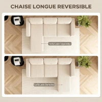 HOMCOM Sofá Chaise Longue Reversible de 3 Plazas Tapizado en Pana Marco de Acero para Espacios Reducidos Crema(m-4)