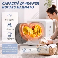 HOMCOM Mini Asciugatrice Portatile 2.5 kg, 5 Programmi, 800W, Fino 60℃, Timer, Tamburo in Acciaio Inox, per Casa, Bianco(m-5)
