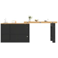 Extendable Kitchen Island with LED Lighting and Glass Cabinets, Space-Saving Dining Cart for Cosy Flats, 120L x 40W x 75.5H cm, Black(m-10)