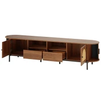 Space-Saving TV Stand with 2 Sliding Doors and 2 Drawers, Stylish TV Cabinet with Rattan Doors and Metal legs, 200L x 40W x 50H cm, Walnut(m-14)