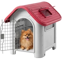 PawHut Hundehütte Outdoor, Hundehaus mit Dachluke Tor Unterschlupf, Wasserdichte Hundehöhle mit Luftzirkulation Hütte für kleine Hunde, draußen Rot+Hellgrau 59 x 75 x 66 cm(m-12)