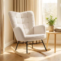 HOMCOM Schaukelstuhl im Retro-Design, Massivholz, Sessel, Relaxsessel, 98 cm x  71 cm x 101 cm, Beige(m-2)