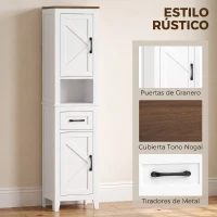 HOMCOM Armario de Baño Alto y Estrecho Rústico con Cajón Estante Abierto Puertas y Estantes Ajustables 34,5x30x148 cm Blanco(m-6)