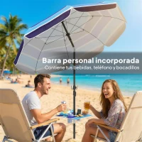 Outsunny Sombrilla de Playa con Mesa Plegable y Portavasos Ø198 cm Altura Ajustable Inclinación Bolsa de Transporte Multicolor(m-4)