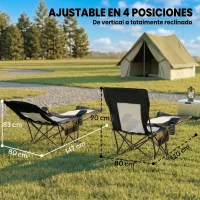 Outsunny Conjunto de 2 Sillas Plegables Camping Reclinables con Reposapiés Desmontable Reposacabezas Portavasos y Bolsa Negro(m-5)