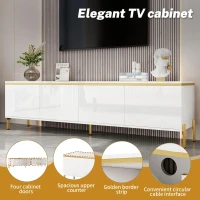Spacious TV Stand with 4-Door Storage, Functional TV Cabinet for Modern and Italian Minimalist Living Rooms, 170L x 38W x 50H cm, White(m-6)