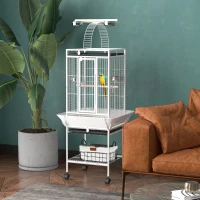 PawHut Vogelkäfig, Papageienkäfig mit 3 Türen, 2 Sitzstange, 360° Rollen, Futternapf, Ablage, Freisitz, 62,5x62,5x156cm, Weiß(m-2)