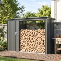Outsunny 2-in-1 Kaminholzregal Außen verzinkter Stahl 235 x 67 x 149 cm Brennholzregal mit Geräteschrank Schrägdach Dunkelgrau(m-8)