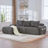 Corduroy L-Shaped Sectional Sofa with Integrated Cup Holders, 3-Seater Modular Cord Sofa for Living Rooms, 268L x 174W x 80H cm, Dark Gray(m-1)