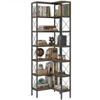 HOMCOM 6-stufiges L-förmiges Bücherregal, freistehendes Eckregal mit Metallrahmen, rustikal braun, 60 x 60 x 200 cm(m-11)