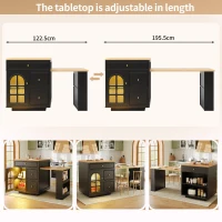 Extendable Bar Table with Arched Tempered Glass Doors, Space-Saving Dining Table for Kitchen or Living Space, 195.5L x 70W x 93.5H cm, Black(m-6)