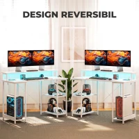 HOMCOM Birou pentru Computer Reversibil cu Rafturi, 120x50 cm, cu Prize și Lumini LED, Alb cu Efect de Lemn(m-7)