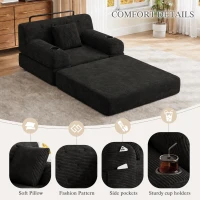 1-Seater Sleeper Sofa with Metal Frame and High-Density Foam, Single Convertible Chair Bed for Cosy Interiors, 107L x 80W x 81H cm, Black(m-7)
