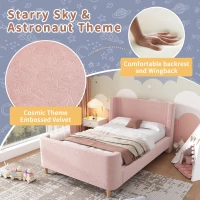 Upholstered Single Bed with Cosmic Print and Padded Headboard, Pink Velvet Bed Frame for Contemporary Bedrooms, 206L x 99W x 76H cm, Pink(m-4)