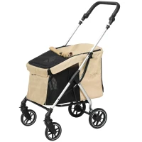 PawHut Hundewagen, Leichter und faltbarer Transportwagen für kleine Hunde, waschbares Kissen, Netzfenster, Khaki(m-11)