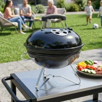 Outsunny Barbacoa de Carbón Portátil Barbacoa de Carbón Redonda Tapa con Soporte Rejilla Ventilación Ajustable Ø41x44 cm Negro(m-13)