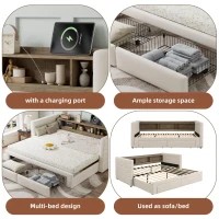 Practical Upholstered Daybed with Pull-Out Trundle, Ideal Bed Frame for Studios, Living Rooms, or Guest Spaces, 200L x 140W x 100H cm, Beige(m-4)