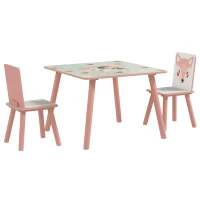 ZONEKIZ Kindersitzgruppe aus Kiefernholz, Tisch mit 2 Stühlen, Tiermotiv, Kinderzimmer, 3-8 Jahre, Rosa(m-11)