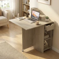 HOMCOM Klappbarer Esstisch für 2-4 Personen, Rollbarer Tisch mit offenem Fach und Schublade, ideal für kleine Räume, Natur(m-8)