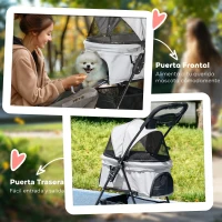PawHut Carrito para Perros Pequeños con 4 Ruedas Freno Cesta Capota Correas de Seguridad y Ventanas 67x45x96 cm Gris Claro(m-7)