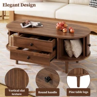 Spacious Room Table with Sliding Doors and 2 Drawers, Retro Oval Coffee Table with Vertical Slats and Clean Lines, 100L x 50W x 40H cm, Walnut(m-4)