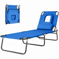 Outsunny Bain de soleil chaise longue pliante avec appuie-tête, trou de lecture, transat inclinable 4 positions en Oxford 600D, transat jardin extérieur camping piscine terrasse, 190x56x28cm, bleu(m-11)