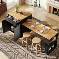 Extendable Kitchen Island with Dining Table, Multifunctional Storage Cabinet with Wine Rack and LED Base Light, 141L x 70W x 101.5H cm, Black(m-8)