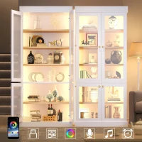 Modern Display Cabinet with Integrated LED Mood Lighting, Adjustable-Shelf Tall Bookcase for Industrial Interiors, 80L x 40W x 180H cm, White(m-7)