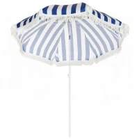 Outsunny Sombrilla de Playa con Flecos Ø180 cm Sombrilla de Terraza Exterior con Altura Ajustable Inclinación 30° Azul y Blanco(m-11)