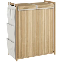 HOMCOM Cesto de Ropa Sucia de Bambú con Tapa 120L con 2 Bolsas con Cordón Extraíbles y Lavables Bolsillos Laterales Natural(m-11)