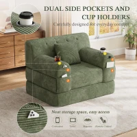 1-Seater Sleeper Sofa with Metal Frame and High-Density Foam, Single Convertible Chair Bed for Cosy Interiors, 107L x 80W x 81H cm, Green(m-4)