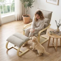 HOMCOM Fauteuil de Salon avec Repose-Pied, Fauteuil d'Appoint en Lin, Assise Large, Dossier Haut, Bascule Douce, Beige(m-8)