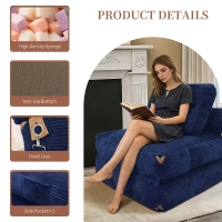 3-in-1 Convertible Corduroy Floor Sofa Bed with Side Pockets, Oversized Chaise Lounge for Bedrooms or Student Dorms, 87L x 86W x 40H cm, Blue(m-4)