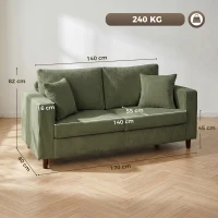 HOMCOM 2-Sitzer-Cordsofa mit breiter tiefer Sitzfläche und Federkernpolster, grün(m-3)