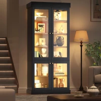 Modern Freestanding Display Cabinet with Height-Adjustable Shelves, LED Lighted Tall Showcase for Industrial Interiors, 80L x 40W x 180H cm, Black(m-1)