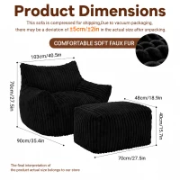 Ergonomic Lazy Sofa with High-Density Shredded Foam, Corduroy Bean Bag Chair for Balcony or Guest Room, 103L x 90W x 70H cm, Black(m-3)
