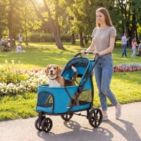 PawHut Carrito para Perros Plegable con 3 Ruedas Ventanas de Malla Cojín Lavable Todo Terreno Carga 20 kg 92x63x95 cm Azul(m-2)