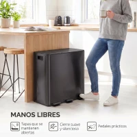 HOMCOM Papelera Cocina de Acero Inoxidable con 3 Compartimentos 3x15L con Pedales Tapas de Cierre Suave y Cubo Extraíble Negro(m-6)
